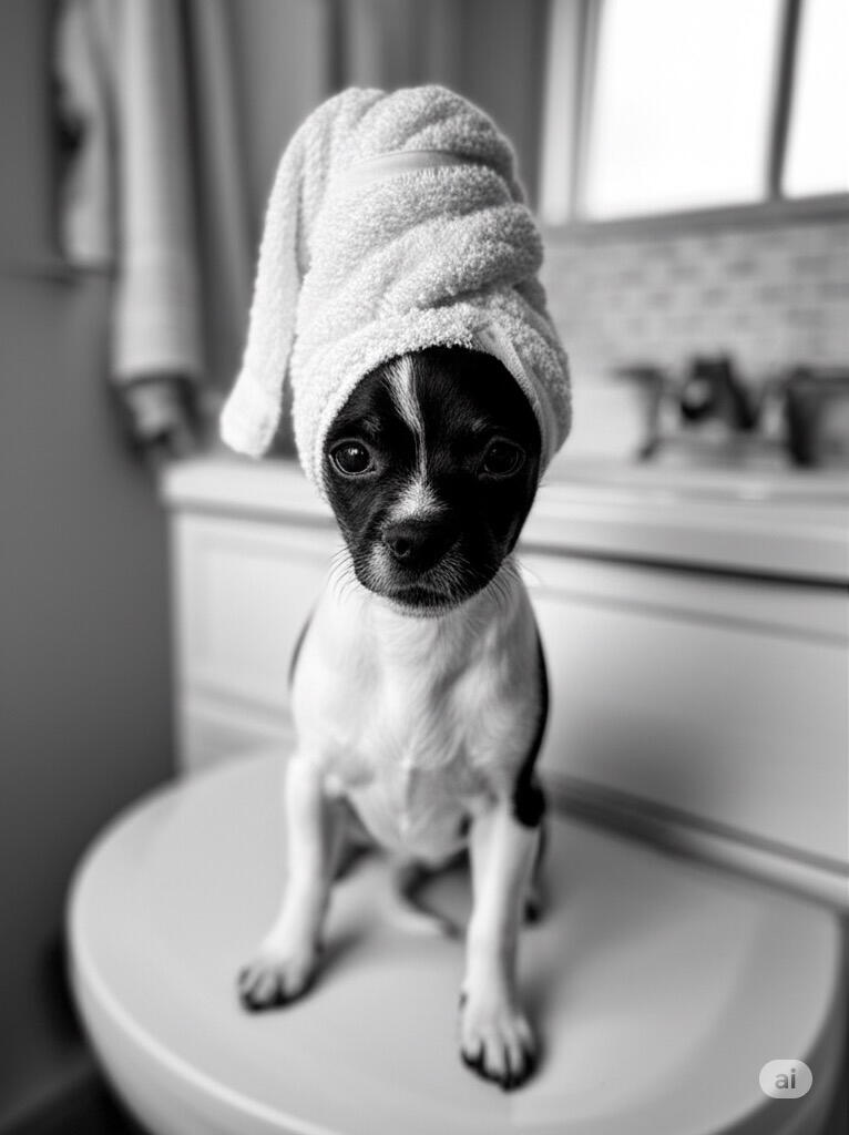 “Zen Spa Pup”“Elegant black & white portrait featuring luxurious towel wrap styling. This adorable pup embodies pure relaxation and spa day bliss - exactly what we’ll create for your furry friend!